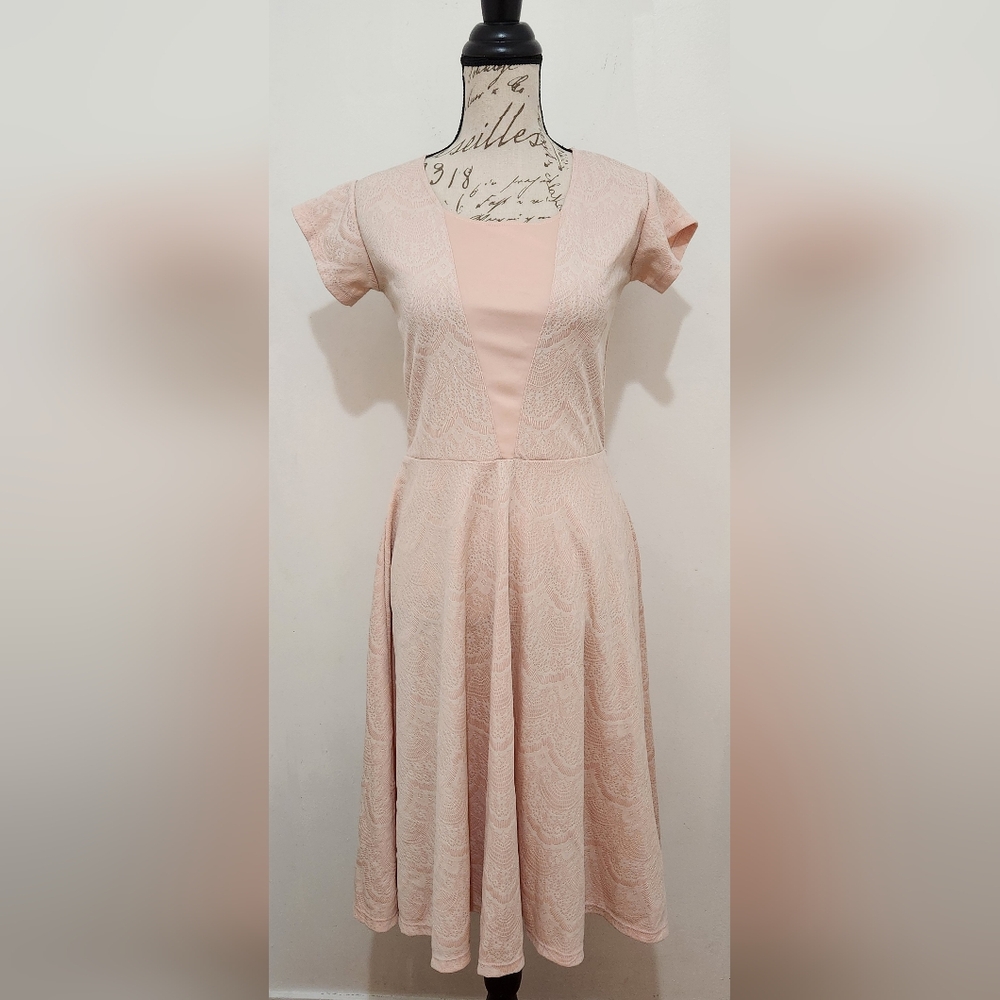 Coquette Junieblake Pink Pleated Fit and Flare Midi Dress With Lace Design
